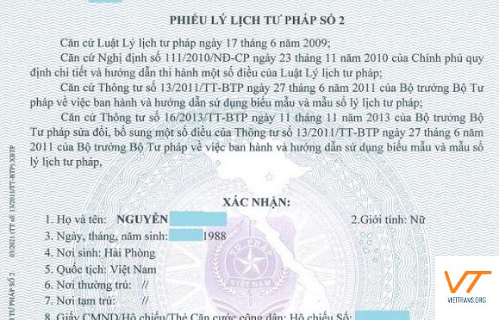 Dịch thuật lý lịch tư pháp số 2 chuẩn xác tại Viettrans